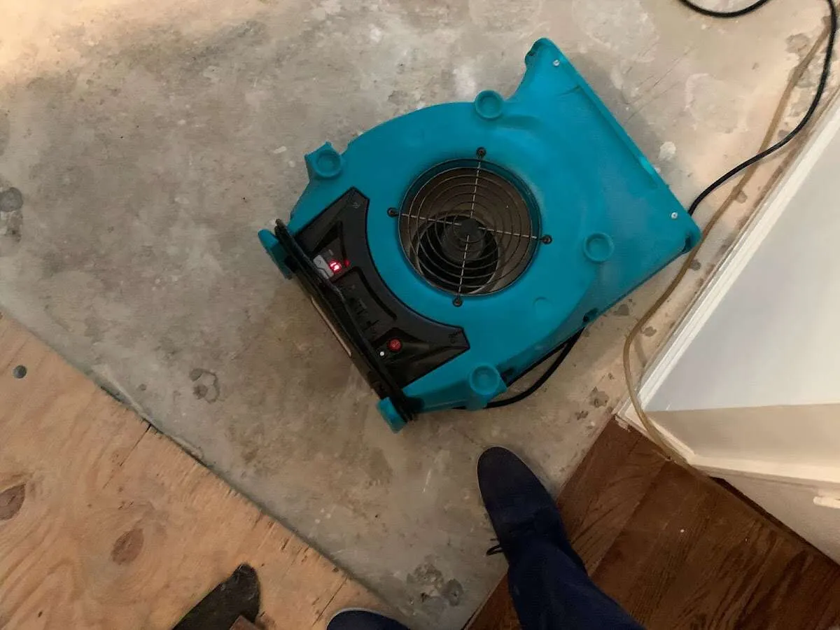Air mover drying subfloor during Commercial Water Damage Restoration in Arden-Arcade